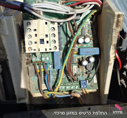 תמונה של לוח חשמל במזגן עם חוטים וצינורות